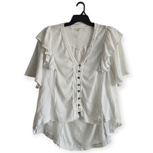 POL Droptail 100% Cotton‎ White Ruffled Distressed Oversized Women's Top Size L